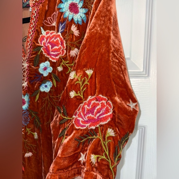 $340 JOHNNY WAS Ulla Persimmon Velvet Silk Floral Embroidered V-Neck Blouse L - Picture 8 of 12
